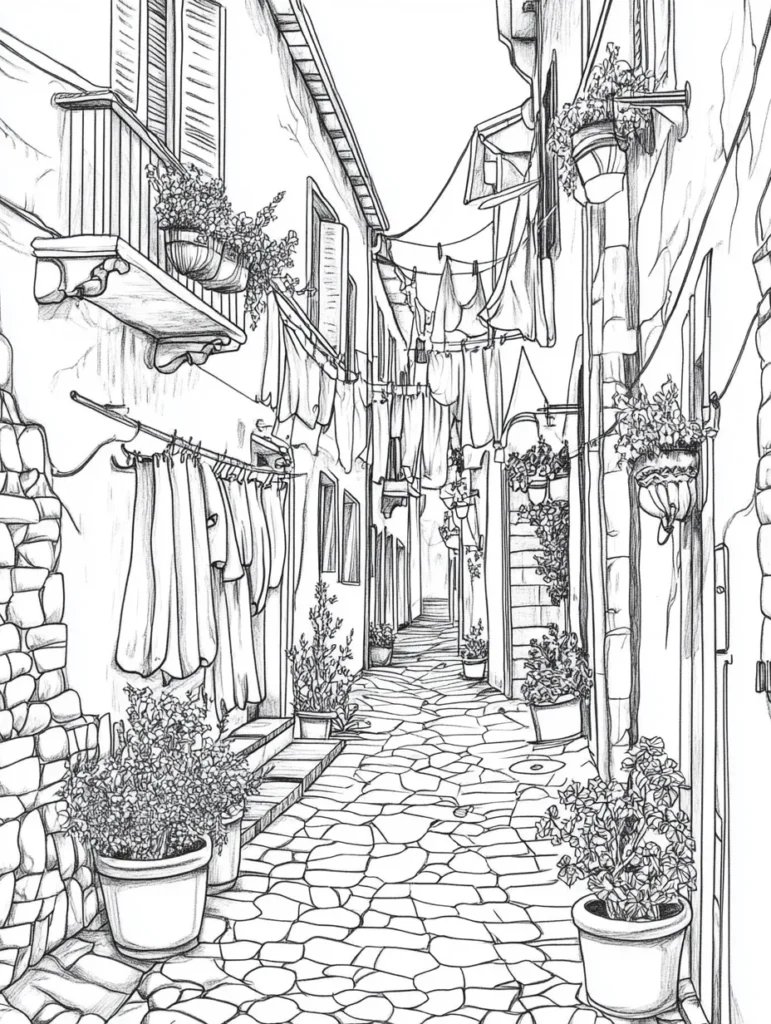 Coloriage de paysage représentant une ruelle pittoresque d'un village, avec des bâtiments blancs, fenêtres en bois et pots de fleurs.