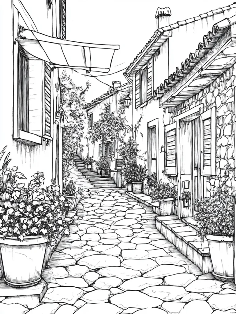Coloriage d'une ruelle pavée entourée de maisons typiques, avec des pots de fleurs et une atmosphère paisible.
