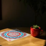 Une atmosphère paisible avec une tasse de thé rouge brique et un mandala imprimé sur une table en bois ensoleillée.