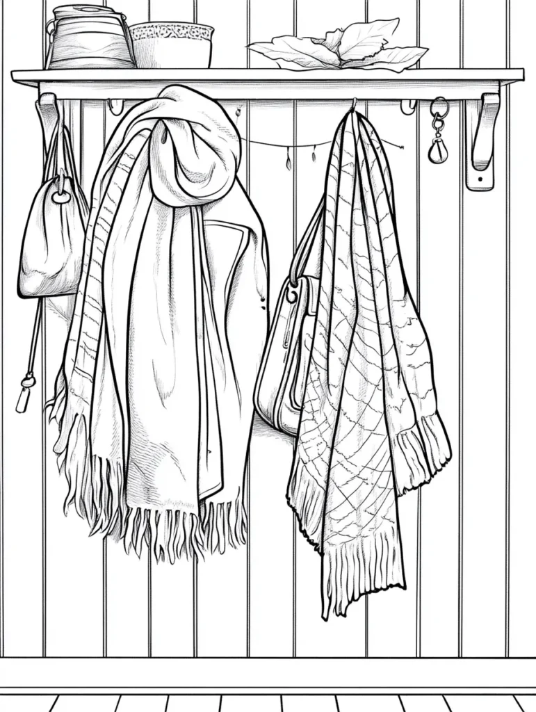 Coloriage représentant un mur en bois avec des objets décoratifs tels qu'une étagère, des plantes et des châles, idéal pour les amateurs de coloriage pour adulte à imprimer.
