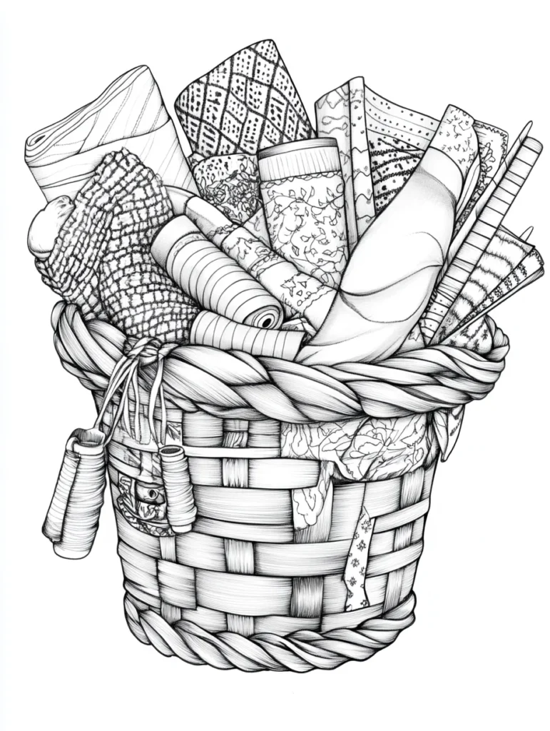 Coloriage représentant un panier en osier rempli de tissus variés