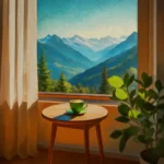 Une vue paisible des montagnes avec une tasse de thé sur une table en bois et des plantes vertes autour