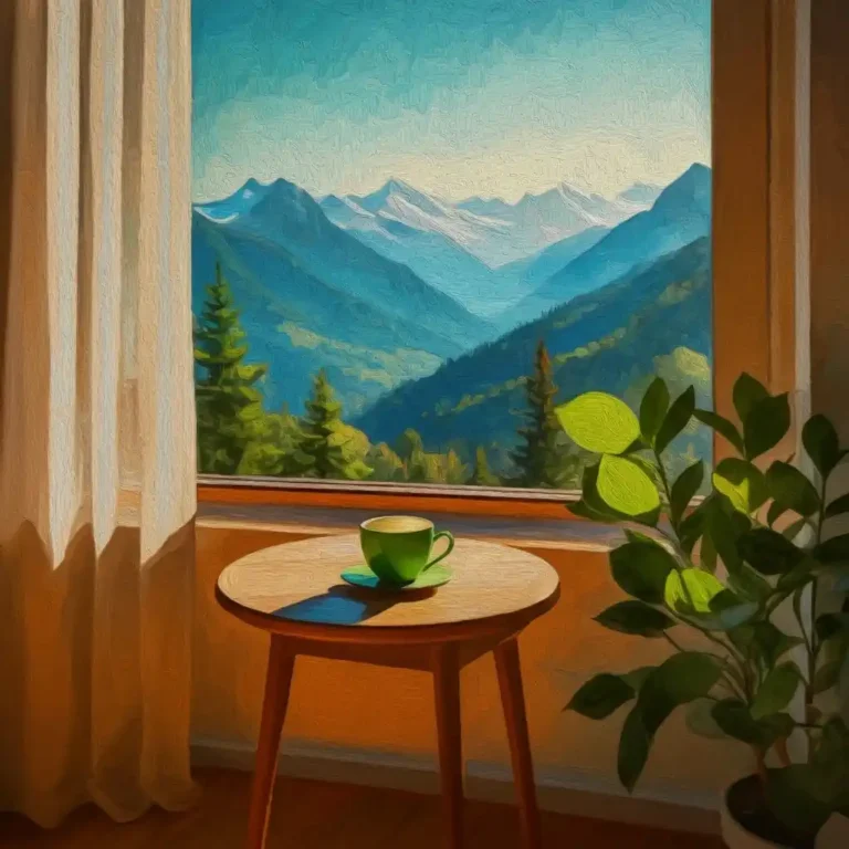 Une vue paisible des montagnes avec une tasse de thé sur une table en bois et des plantes vertes autour