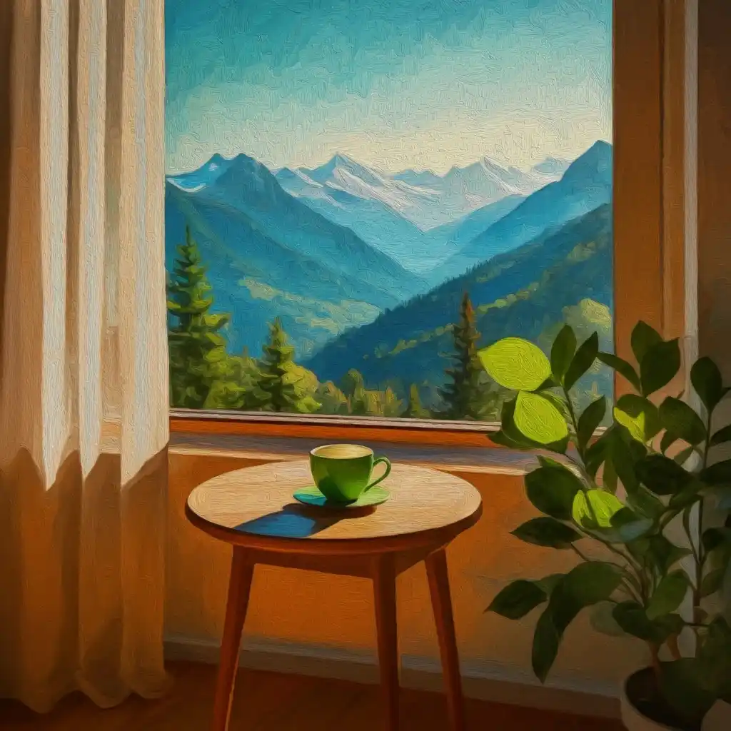 Une vue paisible des montagnes avec une tasse de thé sur une table en bois et des plantes vertes autour