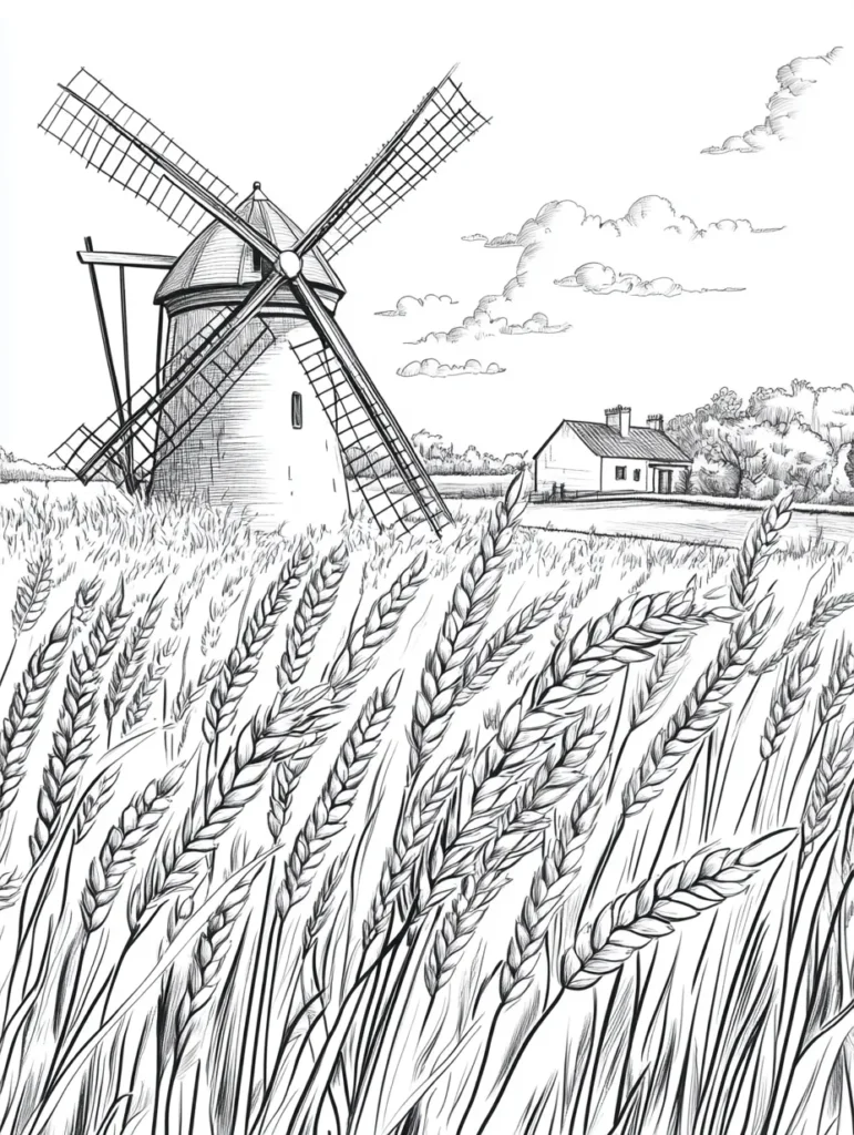 Coloriage d'un paysage pastoral avec un moulin à vent, un champ de blé et des arbres.