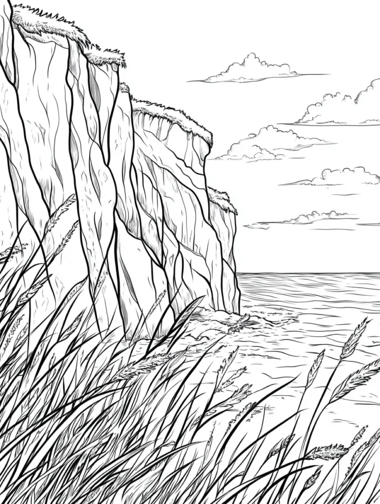 Coloriage de paysage côtier avec falaise et mer