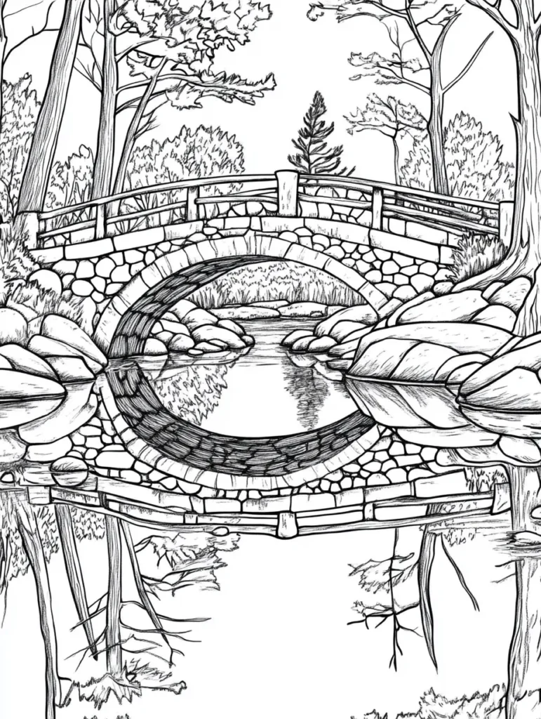 Coloriage de paysage pour adulte représentant un petit pont en pierre au-dessus d'un cours d'eau calme, entouré de rochers et de grands arbres.