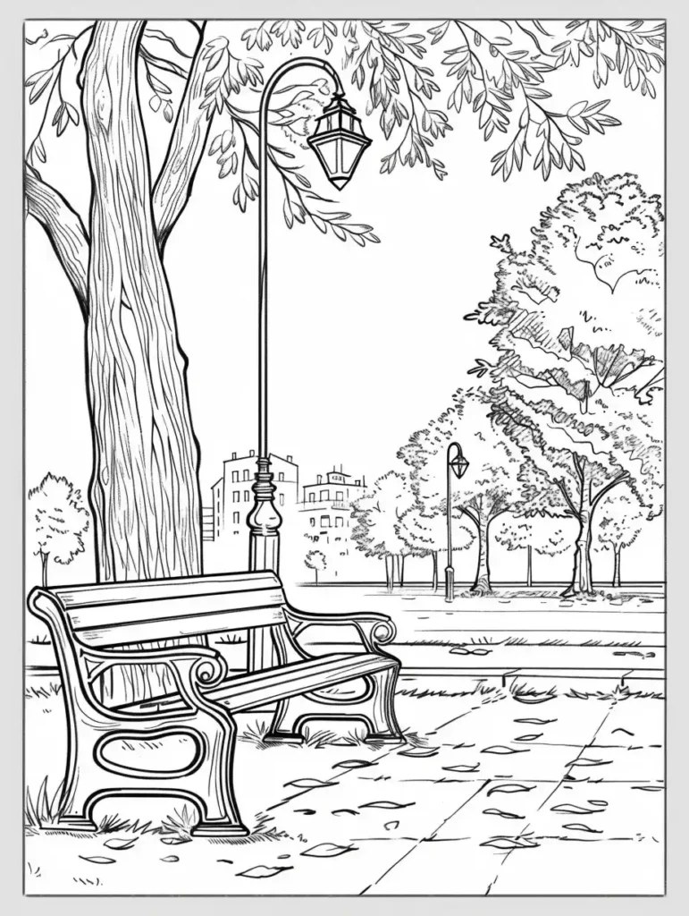 Coloriage représentant un paysage urbain tranquille avec un banc et des arbres, idéal pour les adultes.