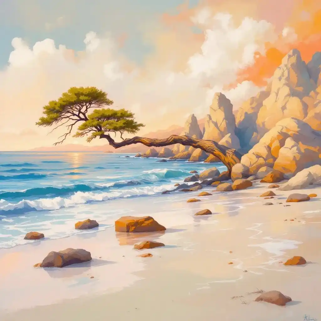 Des rochers au bord de l'eau sur une plage tranquille sous un ciel de coucher de soleil