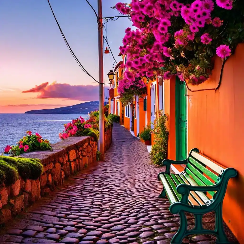 Une ruelle pavée avec des maisons colorées et un banc en bois vert sous une lumière du soir