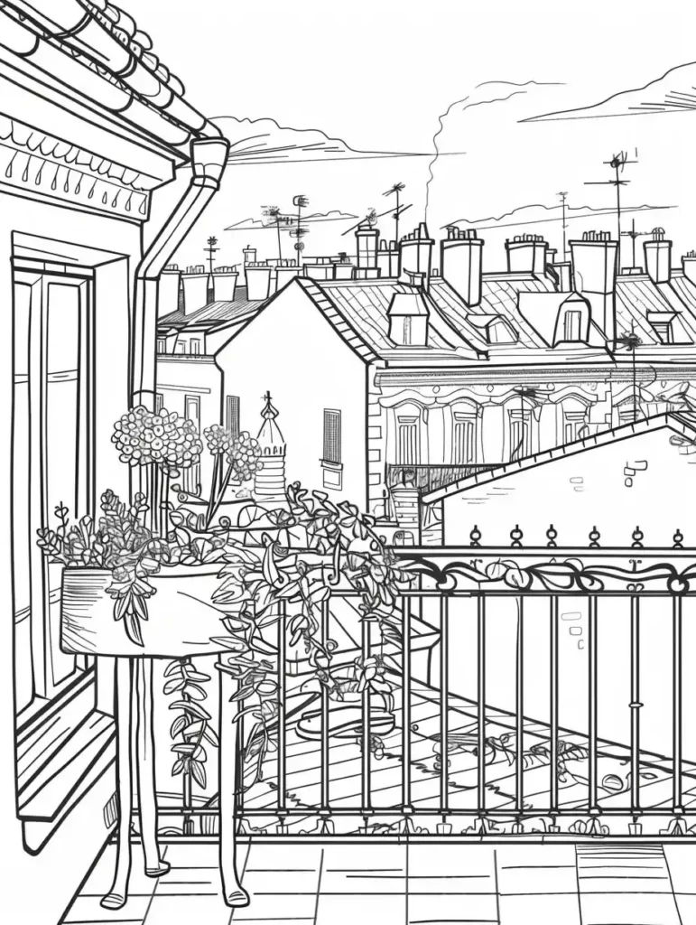 Coloriage d'un balcon urbain avec des plantes et des toits en arrière-plan, représentant un paysage européen.