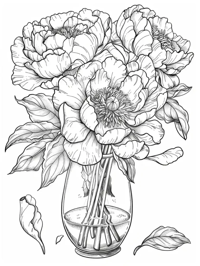 Coloriage de fleurs pivoines dans un vase avec des feuilles.