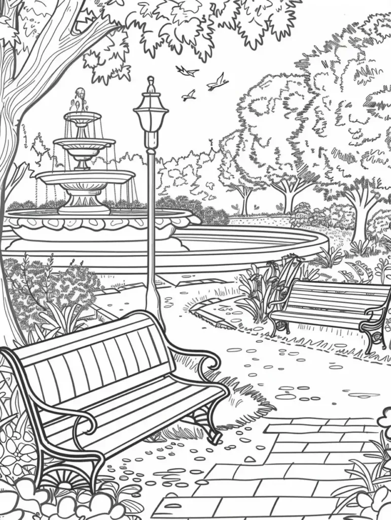 Coloriage d'un parc avec une fontaine, des arbres et des bancs