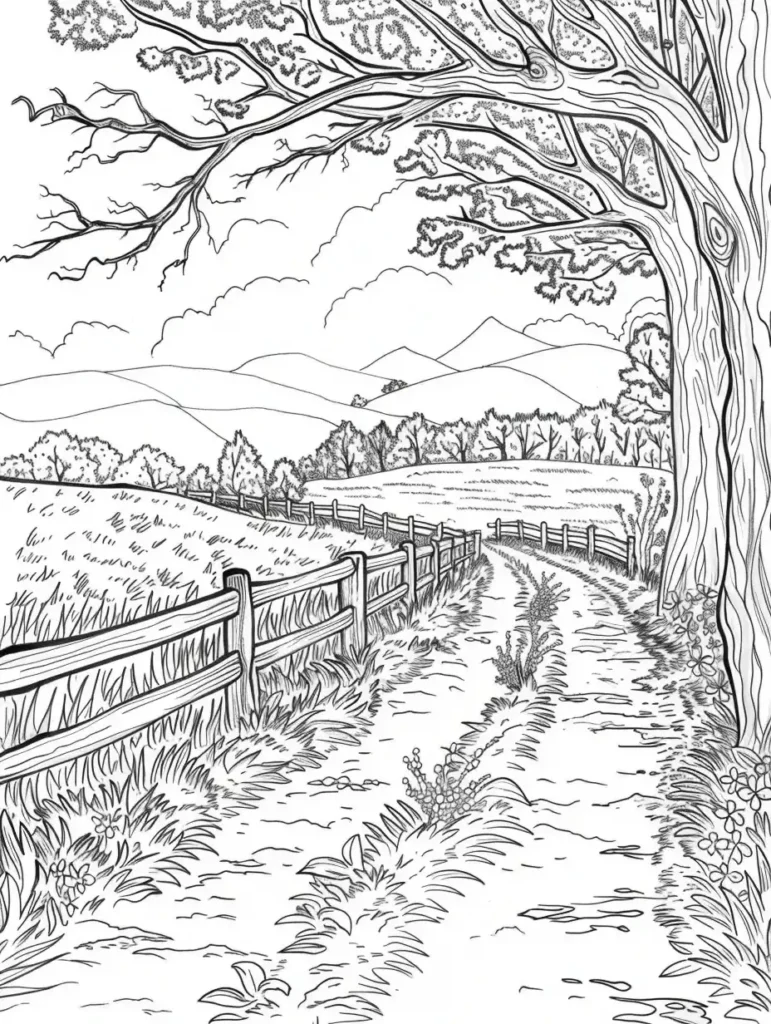 Coloriage d'un paysage champêtre avec un sentier, un arbre dénudé et des collines en arrière-plan.