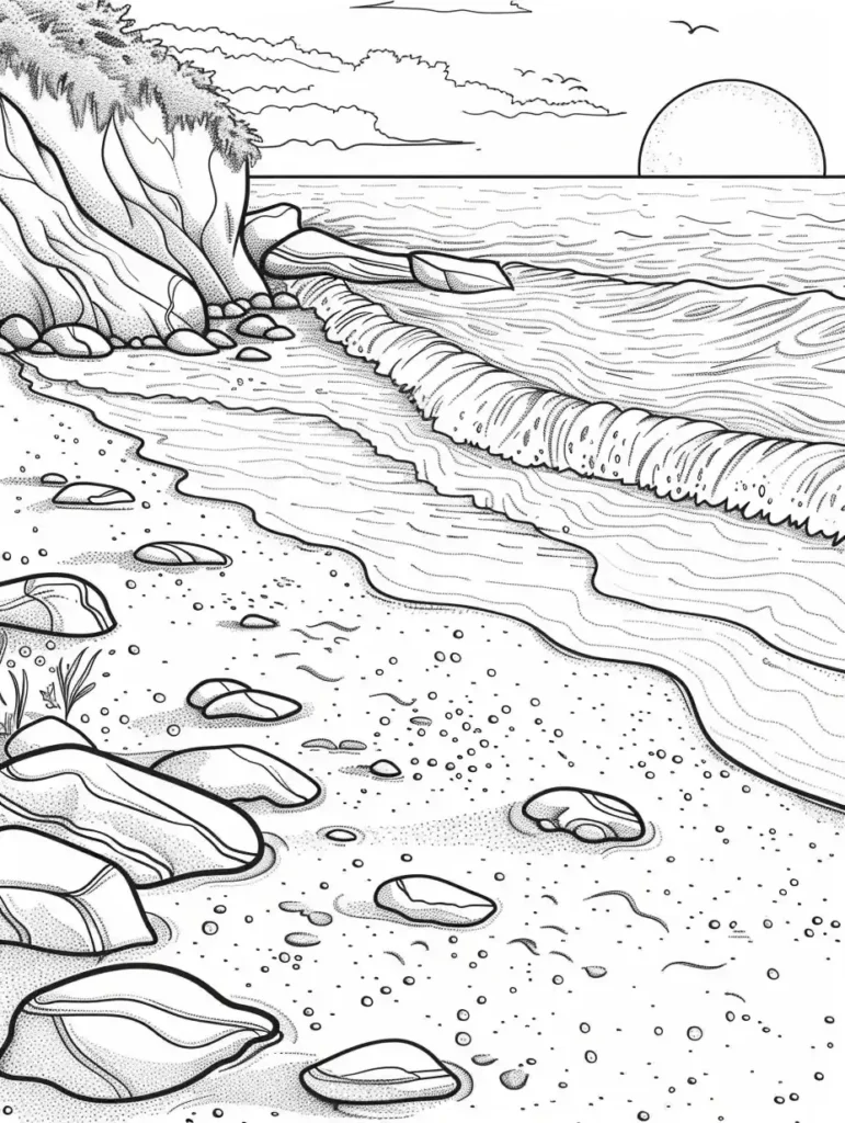 Coloriage représentant un paysage côtier avec mer, plage, rochers et soleil.