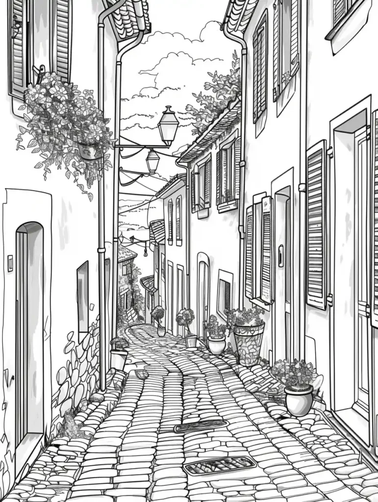 Coloriage représentant une ruelle pittoresque avec des bâtiments blancs et des pots de fleurs.