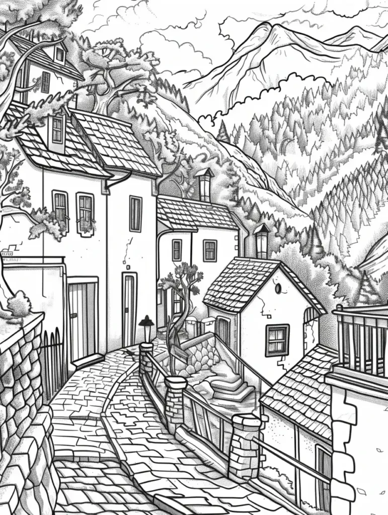 Coloriage représentant un paisible village de montagne avec des maisons blanches et des montagnes en arrière-plan.