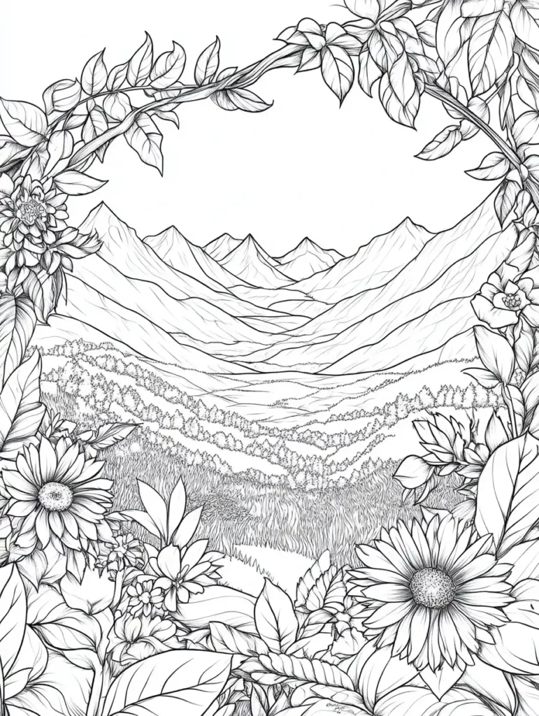 coloriage-fleur-adulte-paysage-montagne