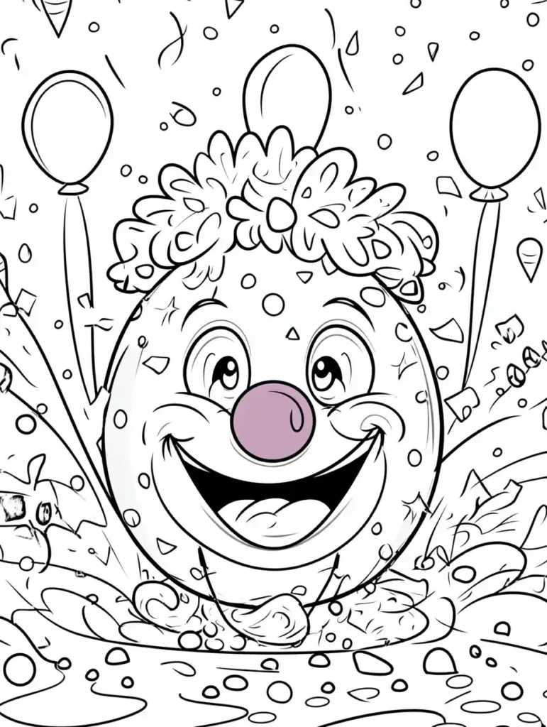 Coloriage œuf de Pâques rigolo en forme de clown avec ballons et confettis