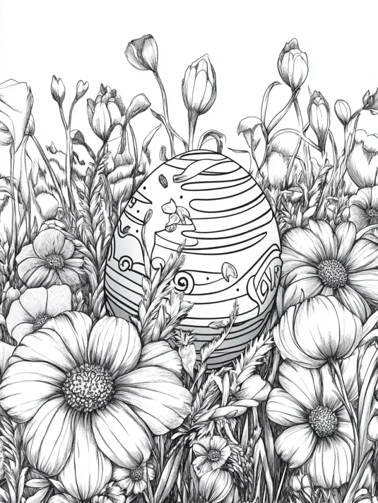  Coloriage œuf de Pâques décoré caché dans un champ de fleurs printanières