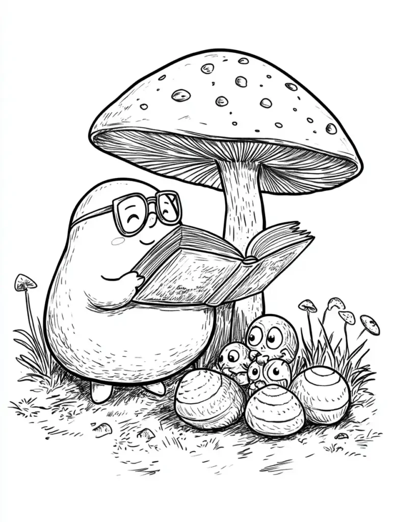 Coloriage œuf de Pâques racontant une histoire sous un champignon géant