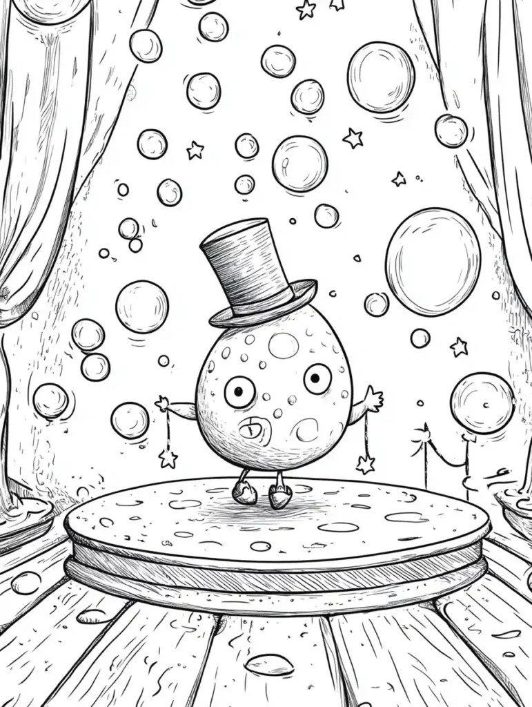 Coloriage œuf de Pâques magicien sur une scène avec bulles et chapeau haut-de-forme