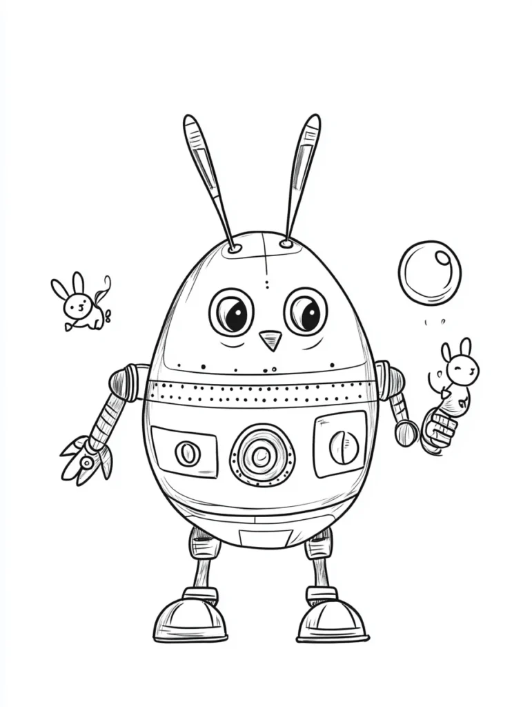 Coloriage œuf de Pâques en forme de robot avec oreilles de lapin et petits compagnons mignons