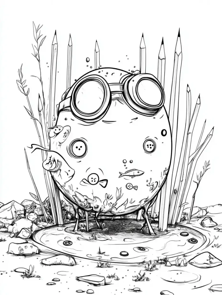 Coloriage œuf de Pâques avec lunettes de scaphandre et crayons géants