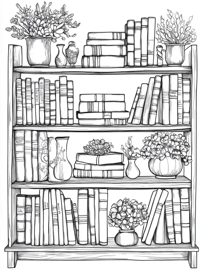 coloriage-pour-adultes-bibliotheque-livres-et-fleurs