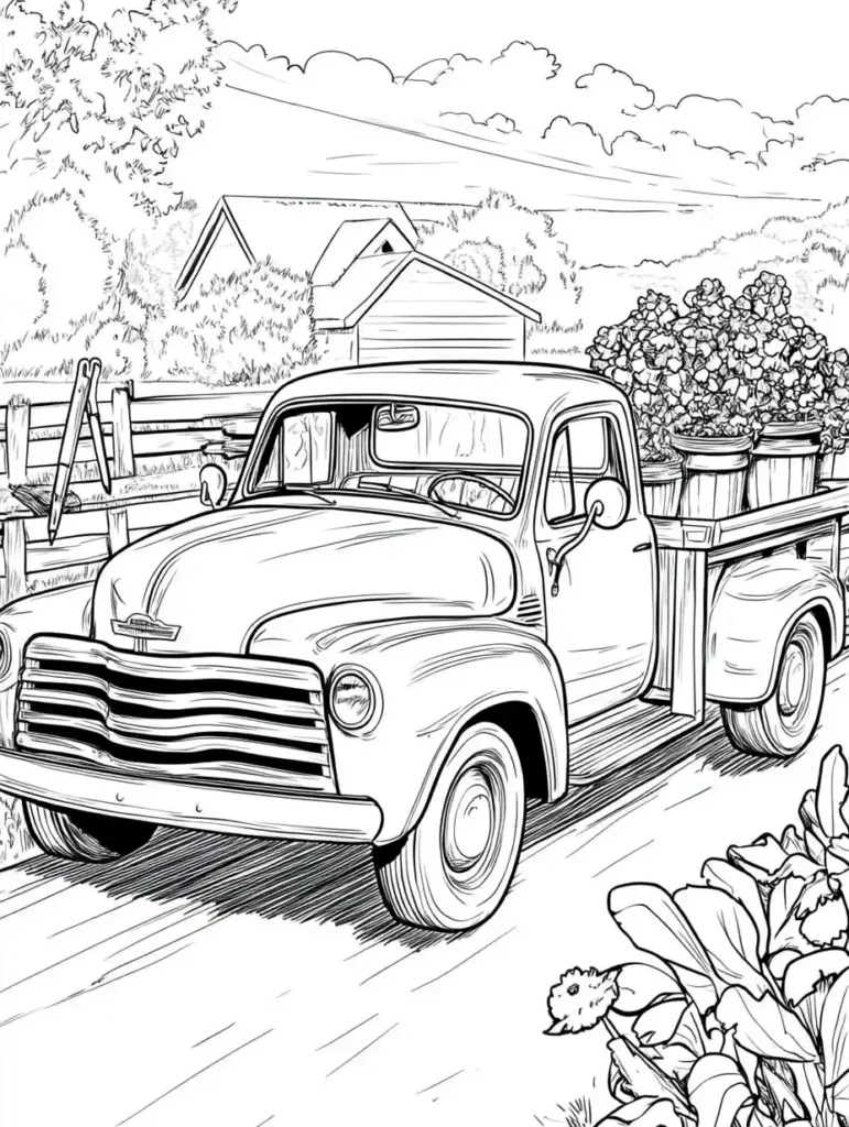 coloriage-pour-adultes-camion-ferme-fleurs