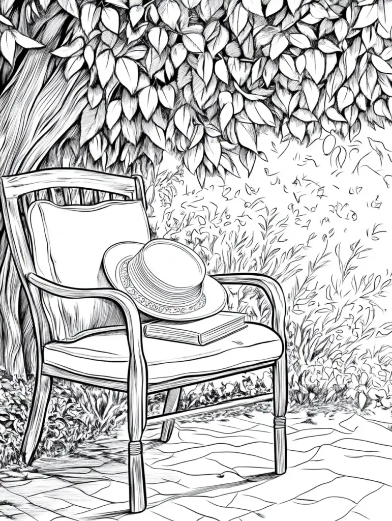 coloriage-pour-adultes-chaise-chapeau-jardin