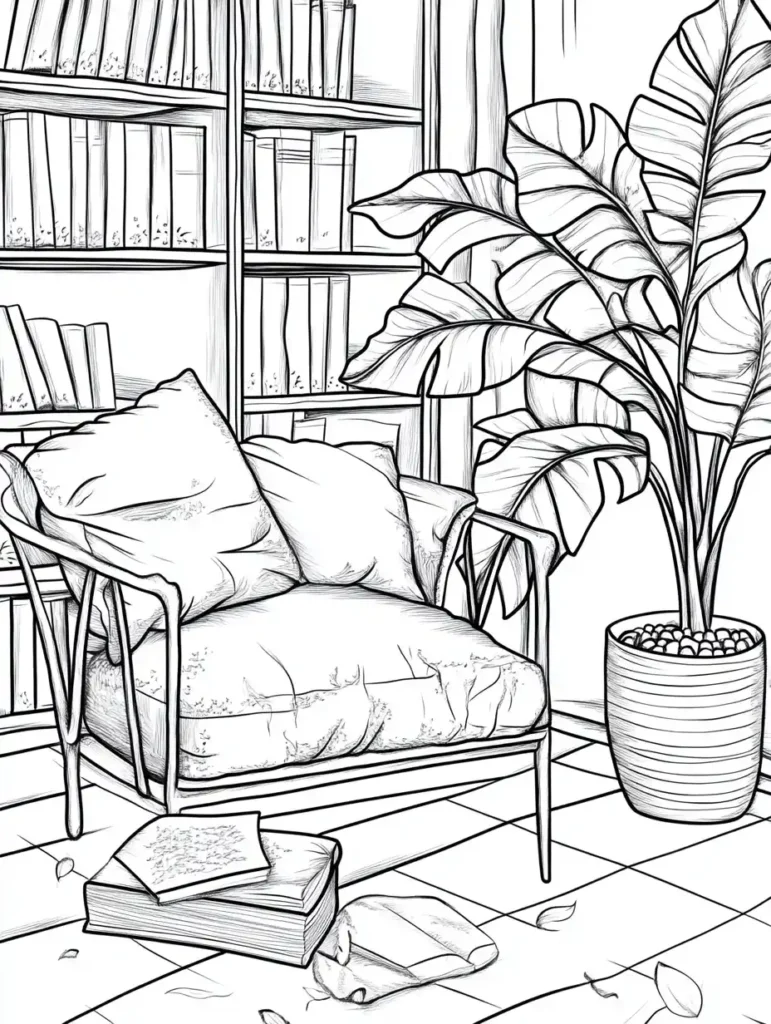 coloriage-pour-adultes-coin-lecture-relaxation