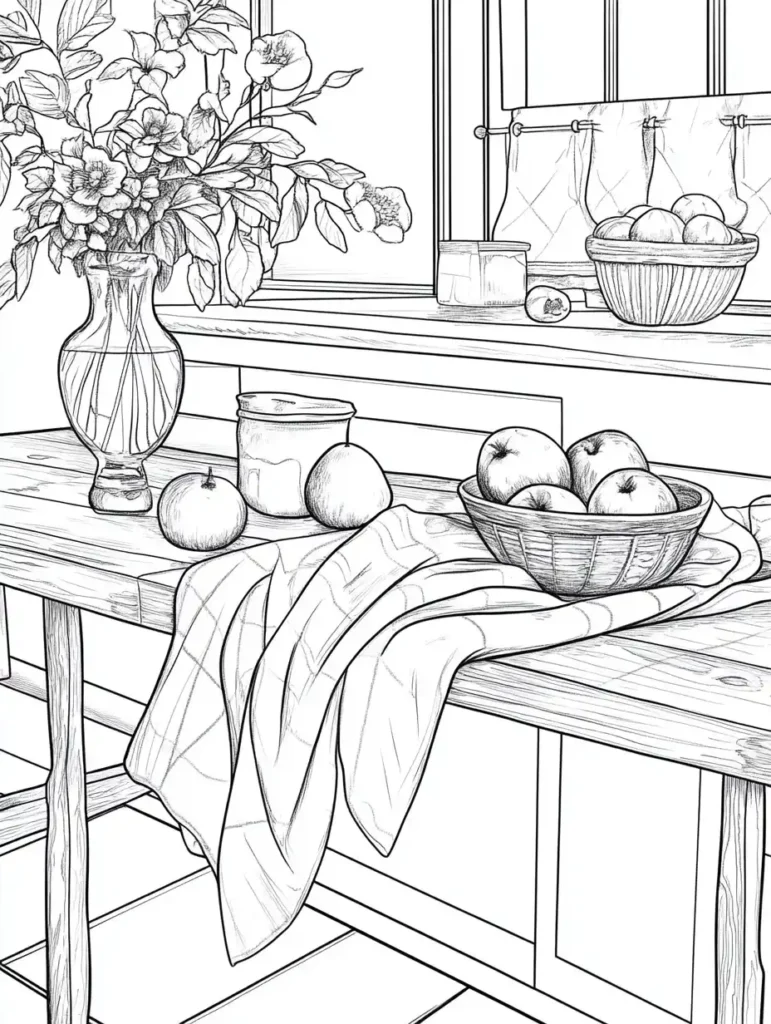 coloriage-pour-adultes-cuisine-rustique-fruits