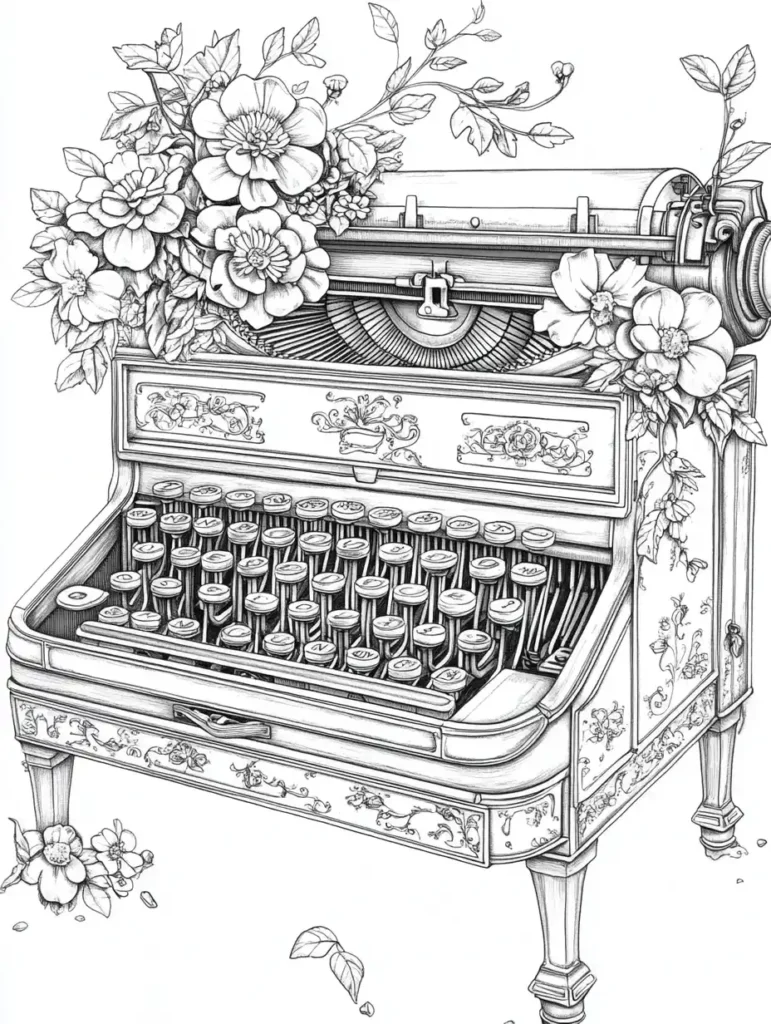 coloriage-pour-adultes-machine-a-ecrire-fleurie