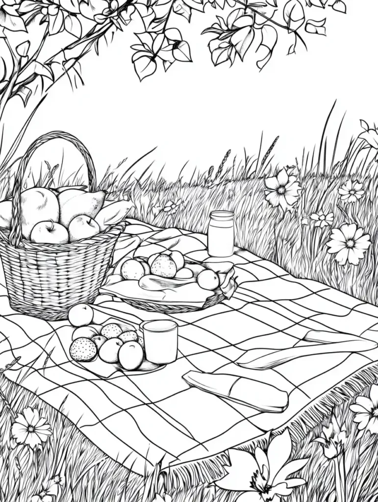 coloriage-pour-adultes-pique-nique-printemps