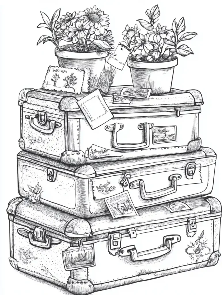 coloriage-pour-adultes-valises-fleurs-voyage