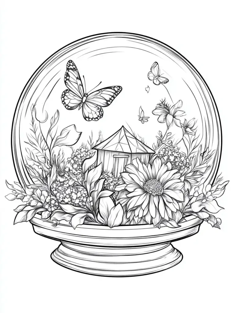 coloriages-pour-adultes-a-imprimer-boule-verre-papillons