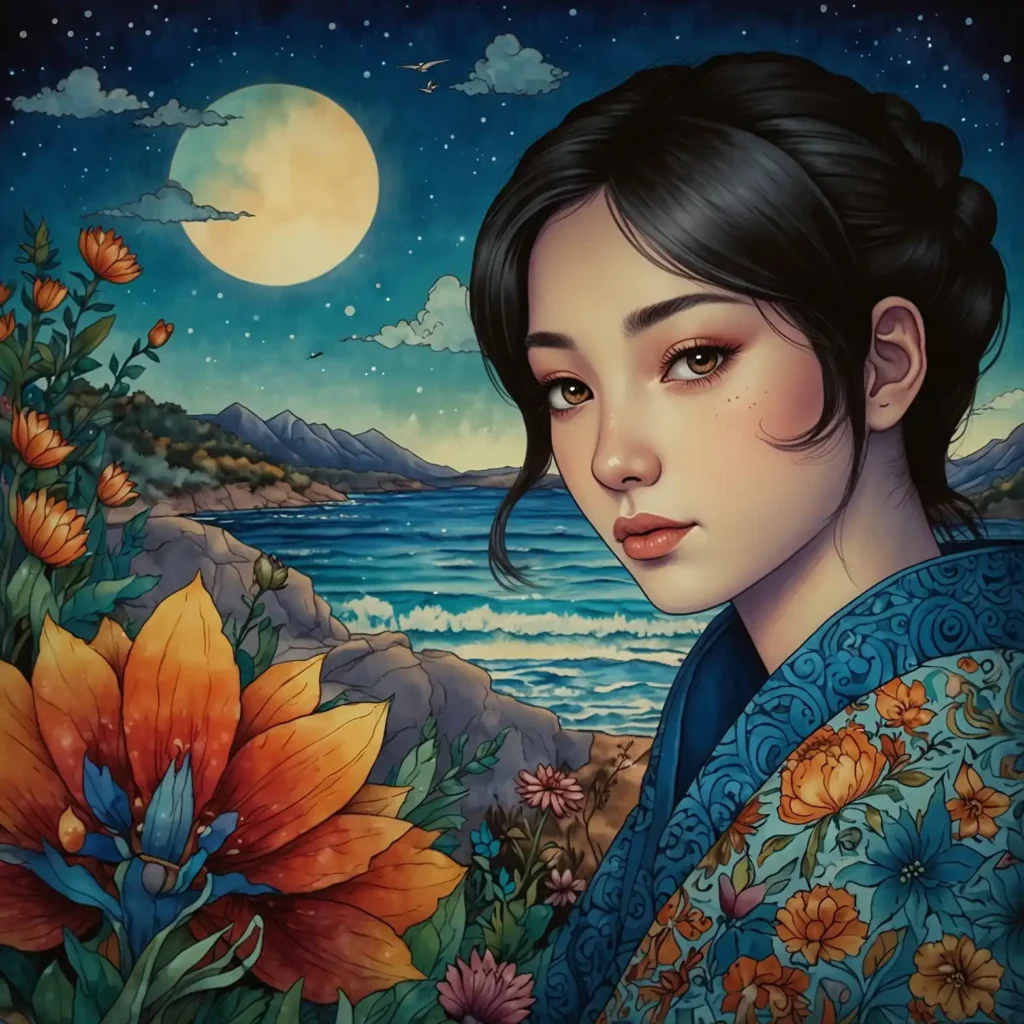 coloriages-pour-adultes-a-imprimer-portrait-femme-paysage-lunaire