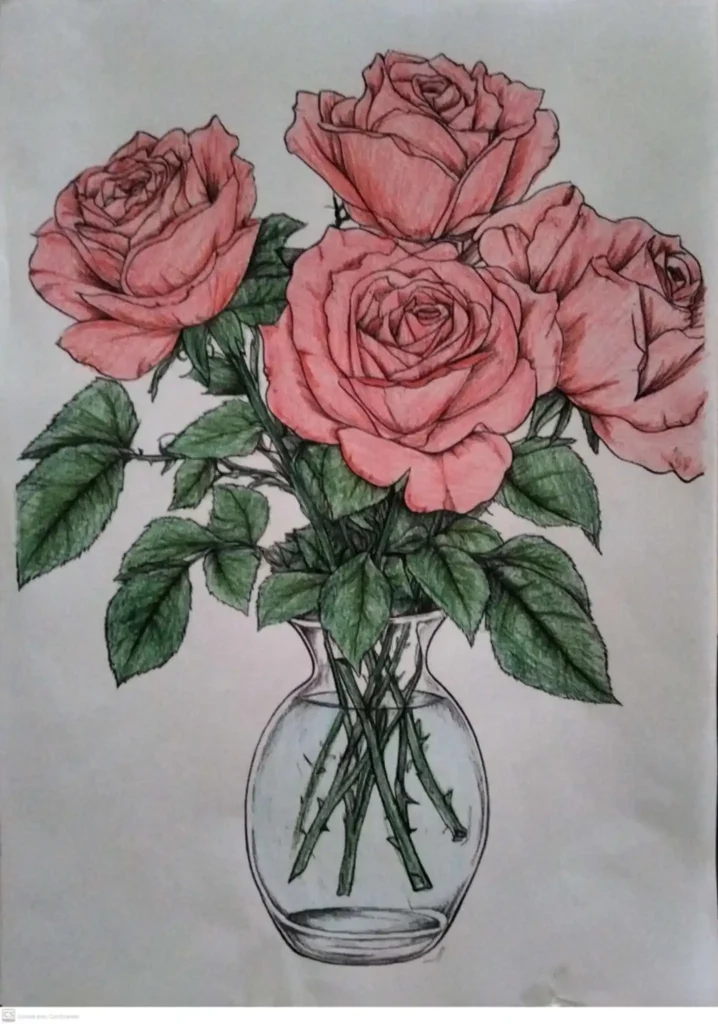 coloriages : vase en verre avec bouquet de roses rouges et feuillage vert
