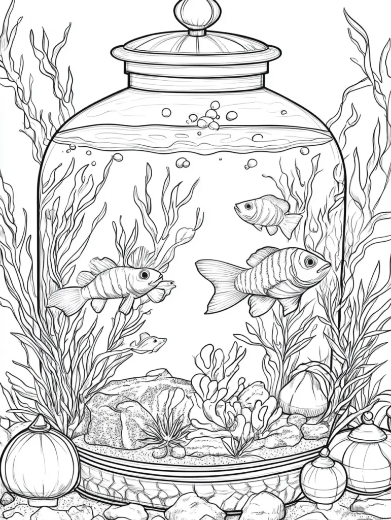 Coloriage d'un aquarium avec des poissons et des plantes aquatiques, idéal pour les coloriages adulte.
