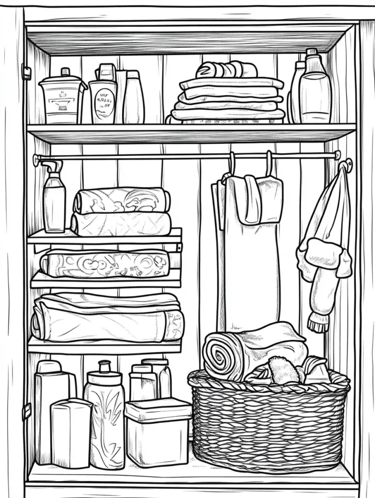 Coloriage d'une armoire organisée avec des étagères remplies de produits et objets de soin.