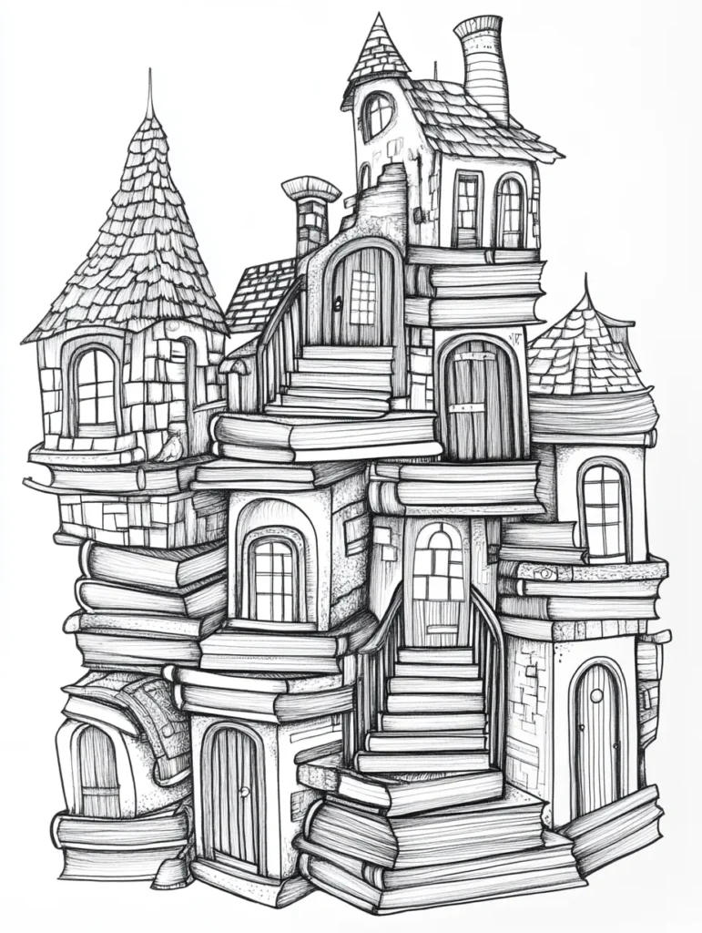 Coloriage d'une structure fantastique faite de livres empilés, avec des fenêtres variées et des escaliers délicats.
