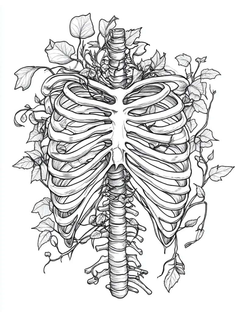 Coloriage d'une cage thoracique stylisée ornée de vignes et feuillages