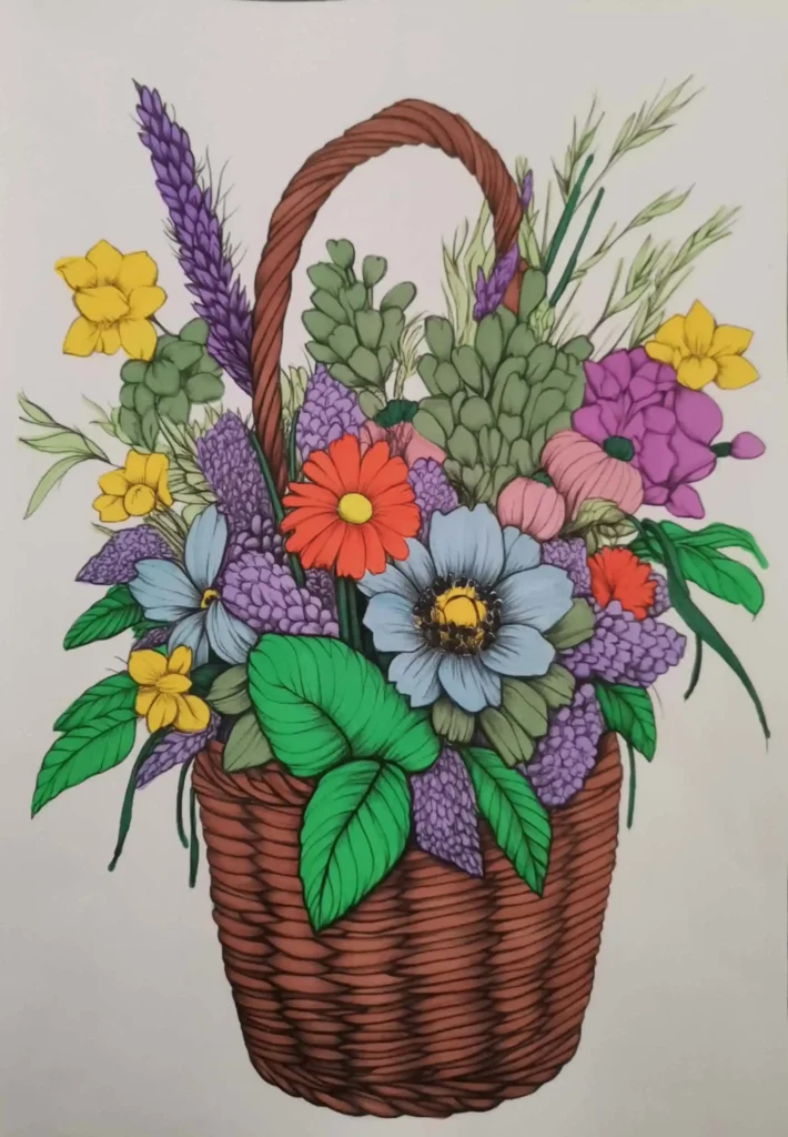 coloriages : panier en osier rempli de fleurs colorées, illustration florale