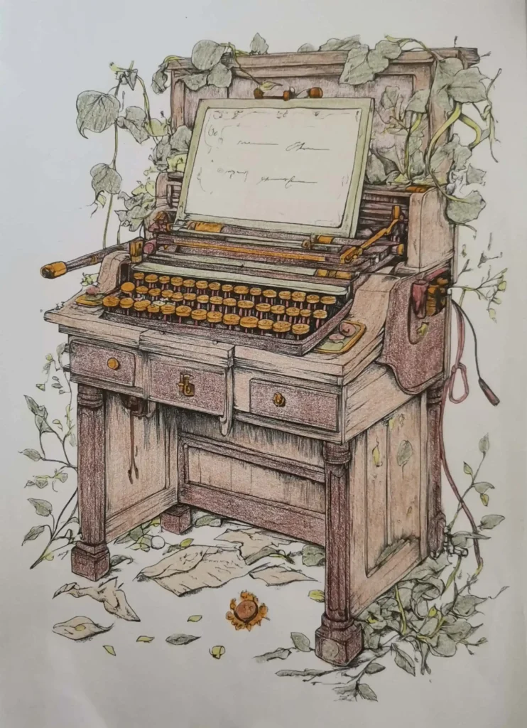 coloriages : vieille machine à écrire en bois entourée de feuillage, style rétro et végétal