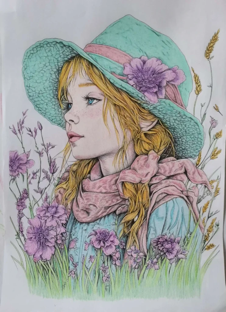 coloriages : jeune fille au chapeau avec fleurs dans un champ, tons pastels