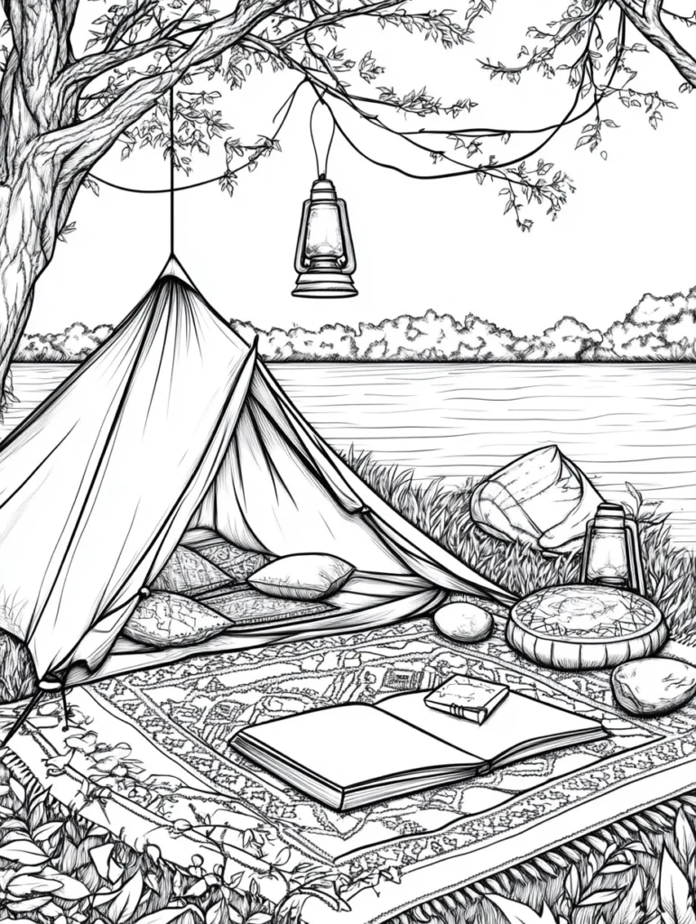 Coloriage représentant un camping paisible avec une tente, des lanternons et un environnement naturel.