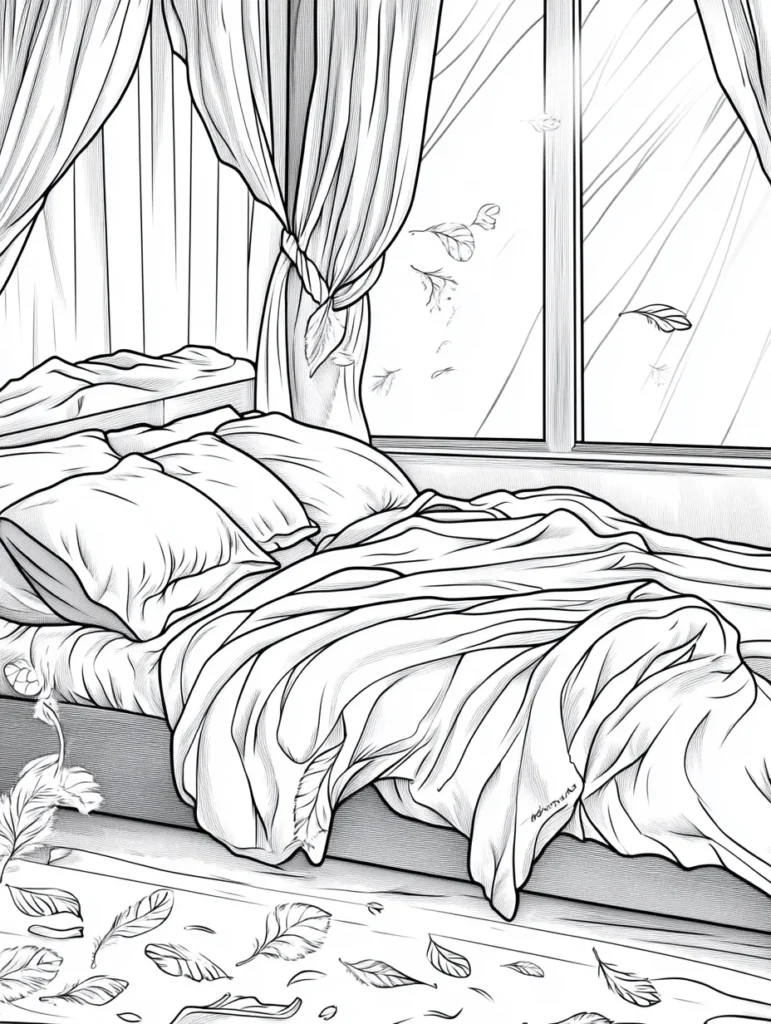 Coloriage représentant une chambre à coucher cocooning avec un grand lit, des oreillers, des rideaux fluides et des feuilles qui tombent.