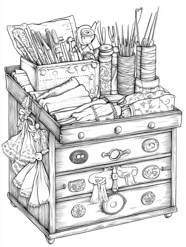 Coloriage d'un coffre rempli de fournitures de couture, incluant des tissus, des outils et des accessoires variés.