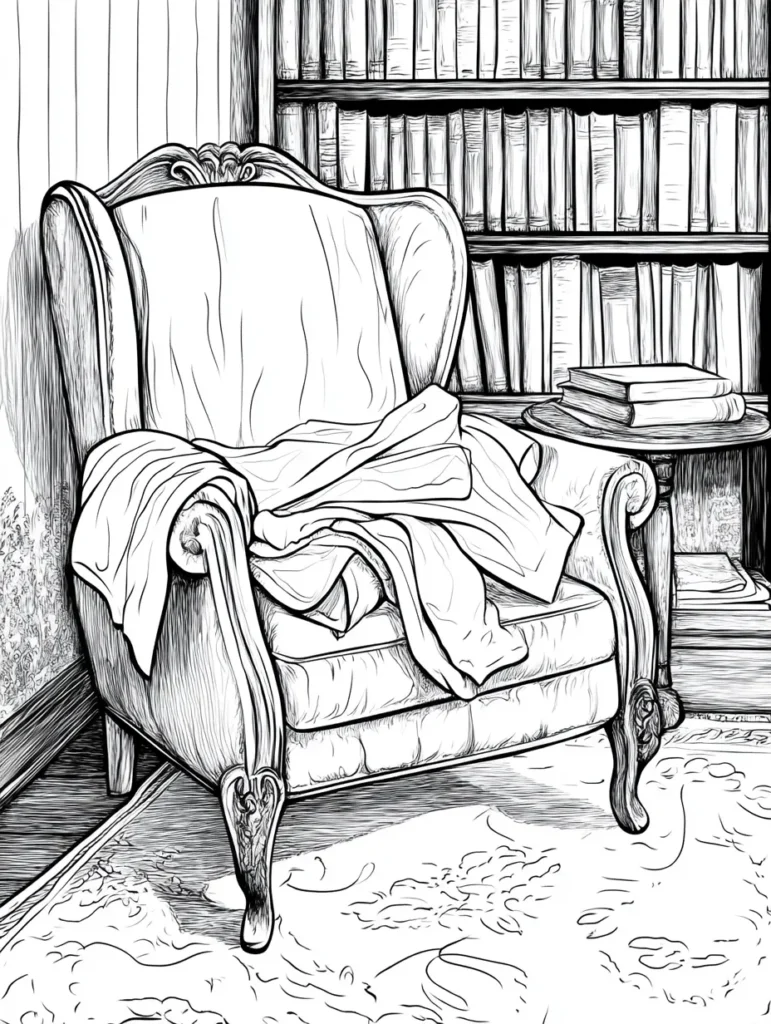 Coloriage d'un coin cosy avec un fauteuil élégant, une bibliothèque remplie de livres et un sol recouvert d'un tapis floral.